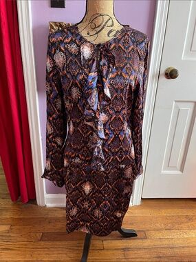 Long Sleeve Ruffle Front 100% Silk Printed Dress - Navy & Orange